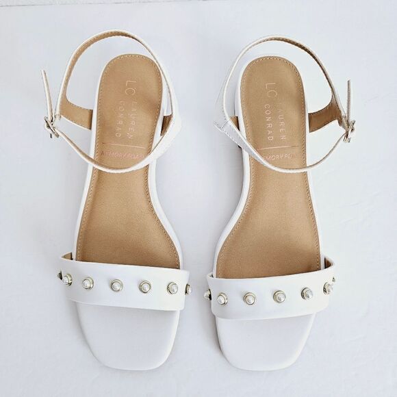 New! Faux Leather White Pearl Block Heel Square Toe Bridal Sandals - Picture 2 of 9